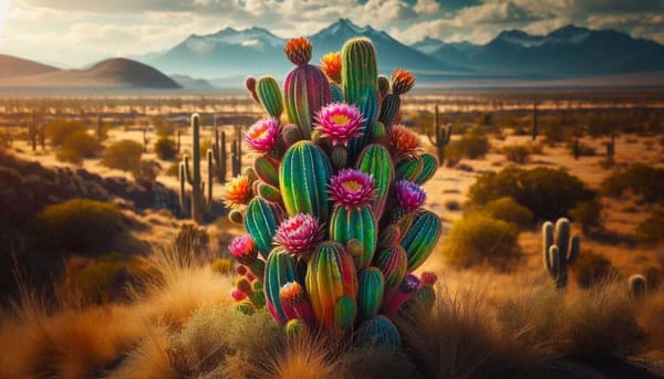 A cactus plant with colorful leaves and flowers, set against a backdrop of a Mexican desert landscape.