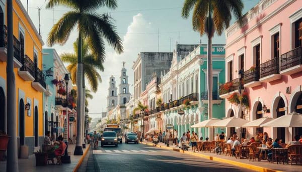 A vibrant street in Mérida, Mexico, with pastel-colored colonial buildings an palm trees.