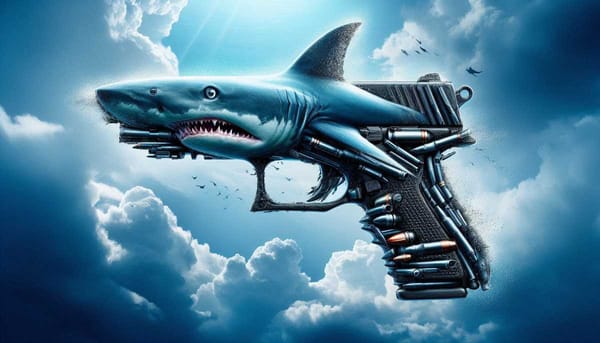 A metaphor depicting a gun as a shark, symbolizing the predatory nature of the illegal arms trade.