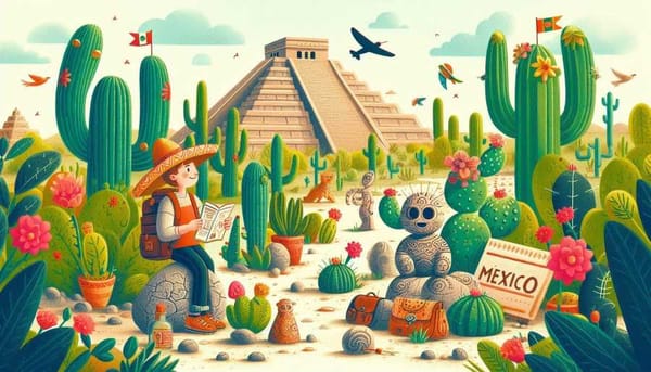 A whimsical illustration of a traveler exploring Mexico, surrounded by colorful cacti.