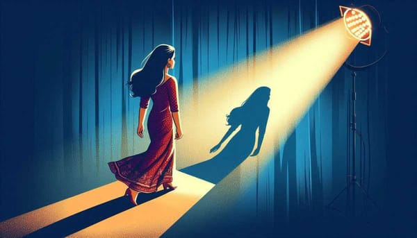 A woman stepping out of the shadows into a spotlight, symbolizing the emergence of women's leadership.