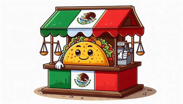 Cartoon taco stand with democratic symbols like scales of justice and a voting box stacked inside.