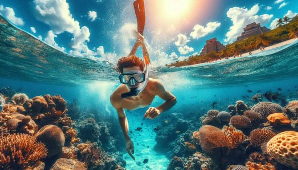 A tourist snorkeling in the vibrant coral reefs of the Riviera Maya, Mexico.