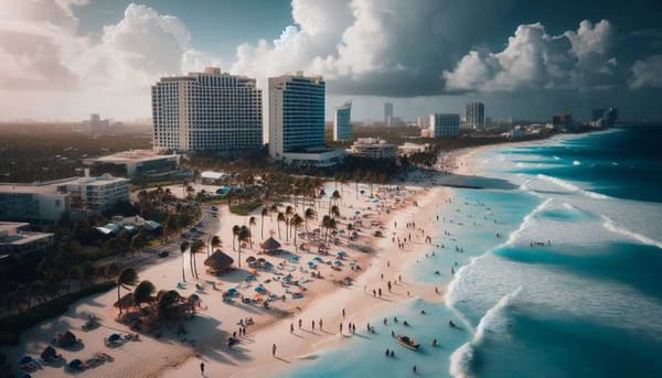 Tourists enjoying a beach in Quintana Roo after a hurricane.