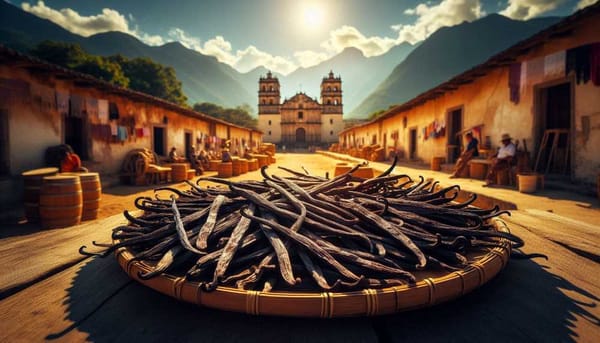 A stack of vanilla pods being dried in the sun, with a traditional Mexican village in the background.