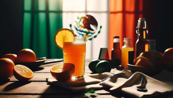 A photo of a glass of orange juice with a Mexican flag in the background.