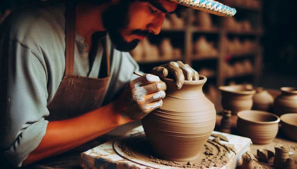 A close-up of a skilled artisan working on a pottery piece in a Metepec workshop.