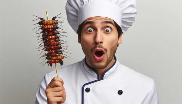 A person holding a skewer of roasted insects, with a surprised expression on their face.