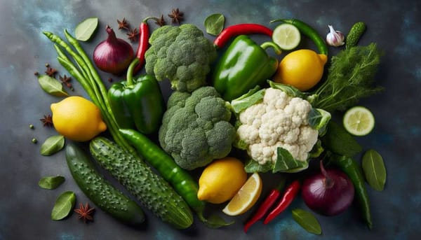 Various Mexican produce, including green chiles, broccoli, cauliflower, lemons, and cucumbers.