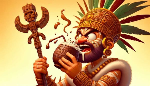 A humorous illustration of an Aztec warrior drinking cocoa while performing a ritual.