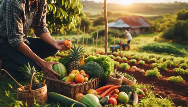 A person harvesting fresh fruits and vegetables from a garden on a farm.