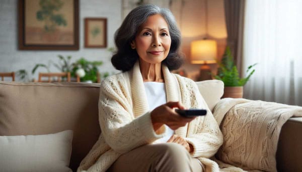 A person sitting on a couch watching TV, with a remote control in hand.