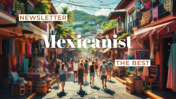 A colorful, bohemian street scene in Sayulita, Mexico, with people walking, shopping.