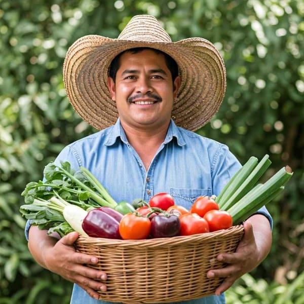 A Mexican farmer smiling, holding a basket of fresh produce.