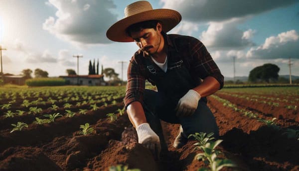 A farmer working in a field, surrounded by healthy plants and a clear sky.