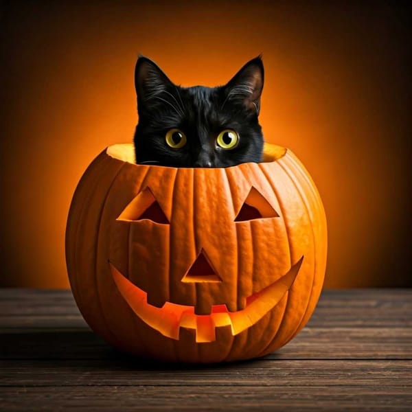 A black cat peeking out from behind a jack-o-lantern.