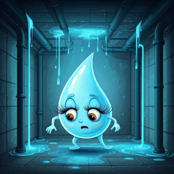 A cartoon illustration of a personified water droplet navigating through a leaky pipe system.