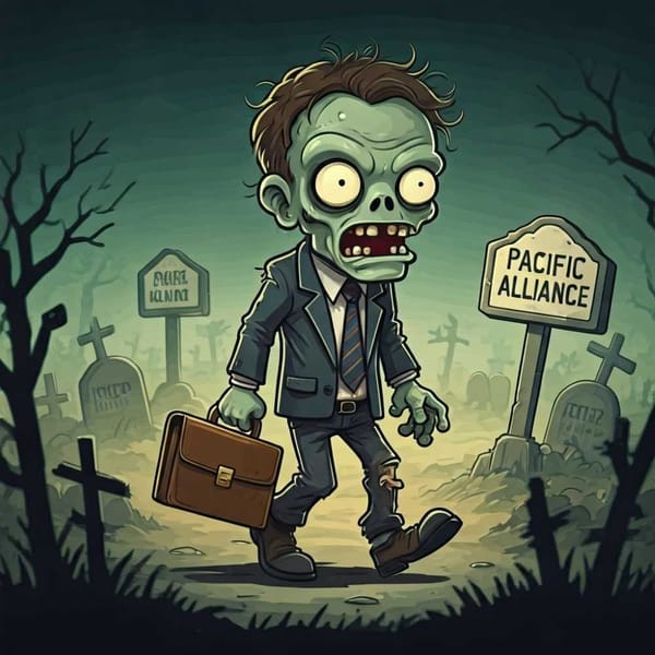 A cartoon of a zombie with a briefcase and a suit, labeled 'Pacific Alliance', walking through a graveyard.