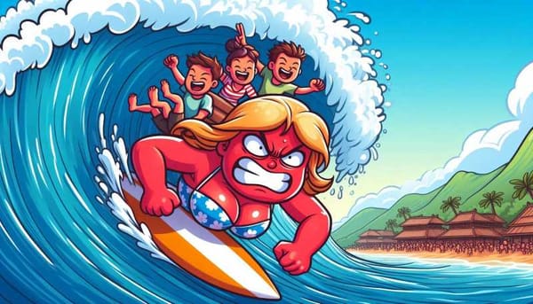 A cartoon-style image of a red-faced blonde woman being carried away by a giant wave.