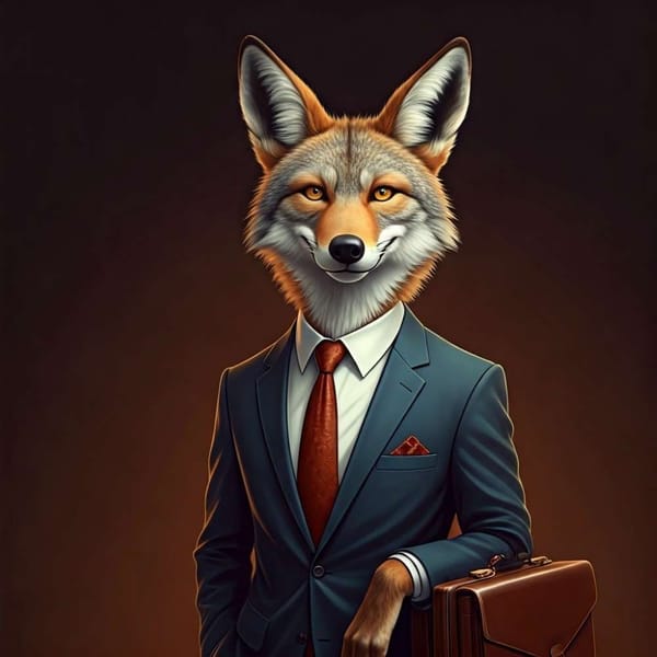 A coyote wearing a suit, holding a briefcase, smiling slyly.