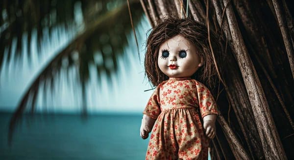 A creepy doll hanging from a tree on a spooky island in Mexico.