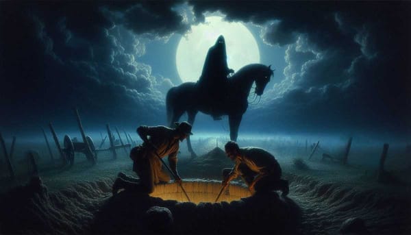 A dark figure on horseback looms over two men digging a well under the light of the moon.