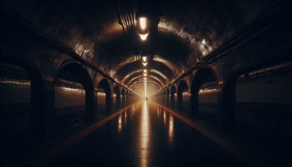 A dimly lit, empty metro tunnel in Mexico City, evoking the mysterious and ghostly legends.