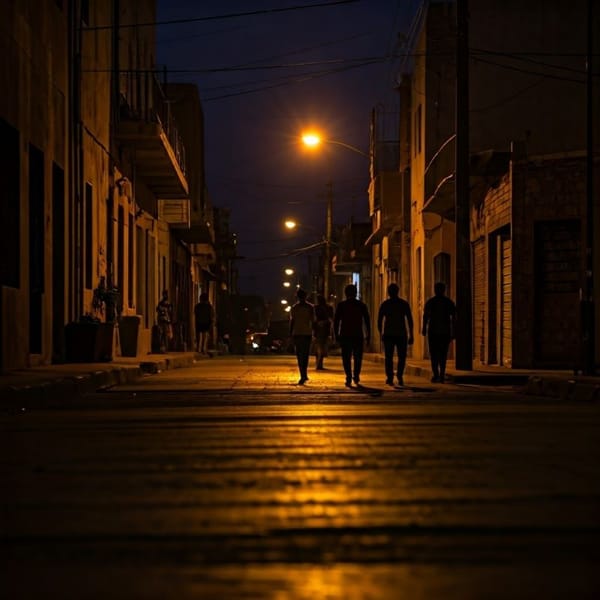 A dimly lit street in Ciudad Juárez with silhouettes of people in the background.