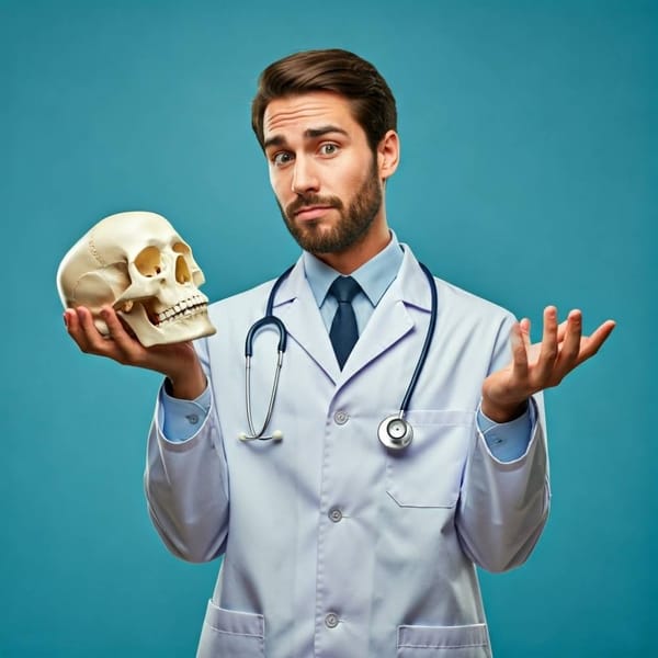 A doctor holding a human skull, with a skeptical expression.