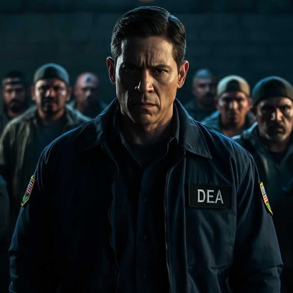 A dramatic shot of a DEA agent, looking intense, with a backdrop of a cartel operation.