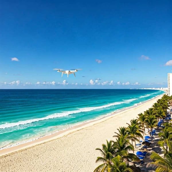 A drone flying over a beach.