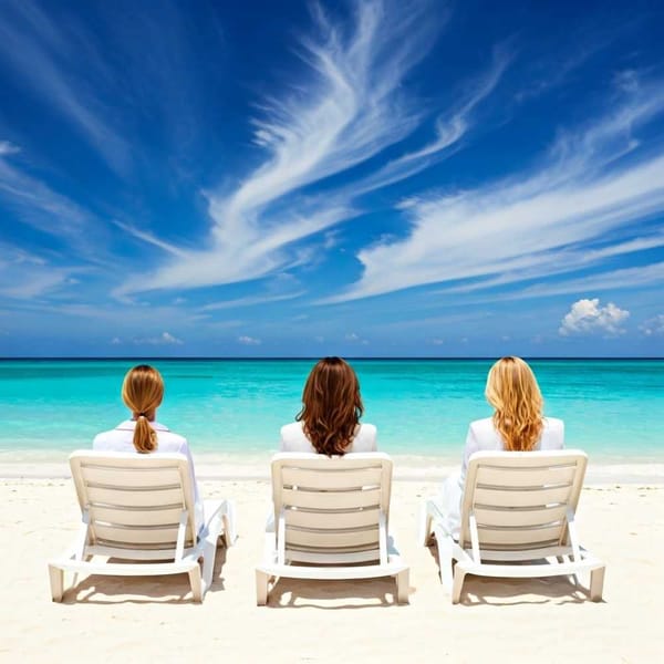 A group of businesswomen relaxing on a beach in Cancun, Mexico.