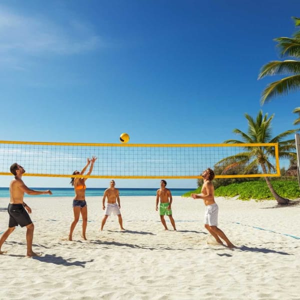 A group playing volleyball on a Mexican beach, with a bright blue sky and turquoise ocean.