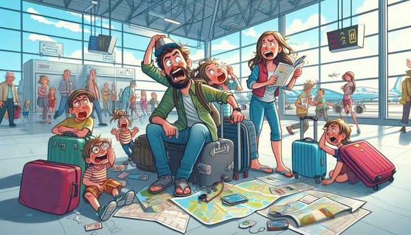 A family struggling with luggage, maps, and cranky kids in a chaotic airport.