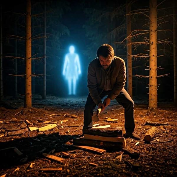 A man chopping wood in the dark, with a ghostly figure appearing in the background.