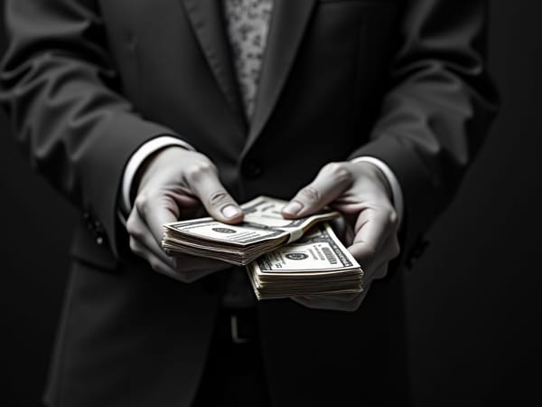 A man in a suit being handed cash.