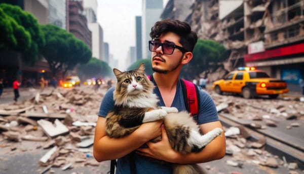 A person holding a cat during an earthquake.