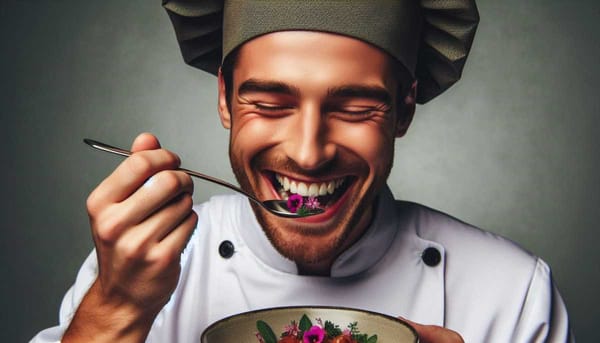 A person holding a spoon and taking a bite of a dish made with edible flowers.