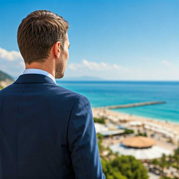 A person in a business suit looking out at a beautiful beach and resort complex.