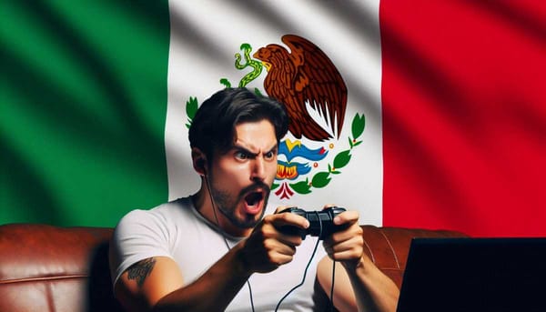 A person leveling up in a video game, with a background of the Mexican flag.