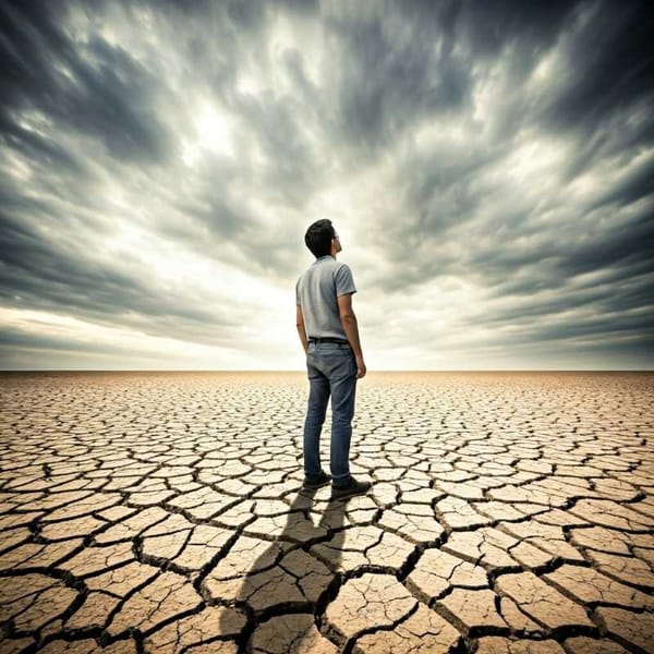 A person looking up at a cloudy sky with a dry, cracked ground below.