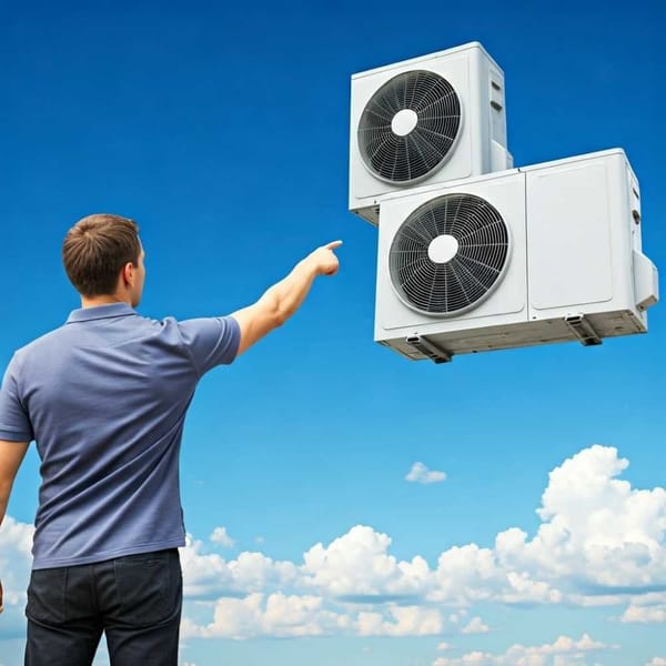 A person pointing at a giant air conditioner in the sky.