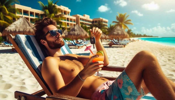 A person relaxing on a beach chair in Cancun with a cocktail in hand and a house key.