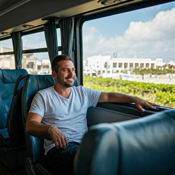 A person relaxing on a comfortable bus seat, smiling and looking out the window.