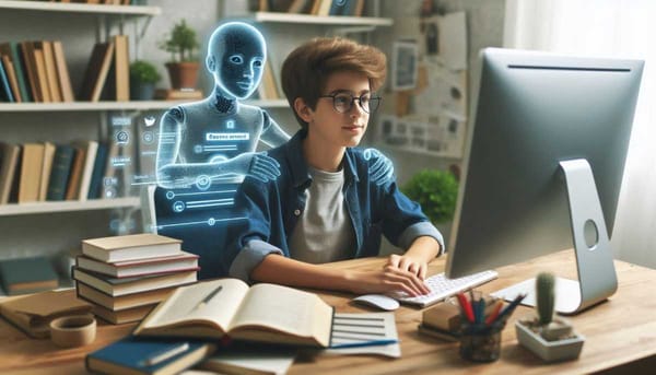 A person sitting at a computer, surrounded by books, with an AI assistant hovering nearby.