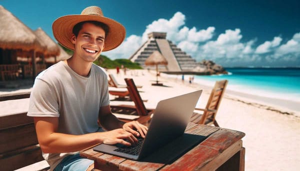 A person smiling at their laptop while standing in front of a beach in Cancun.