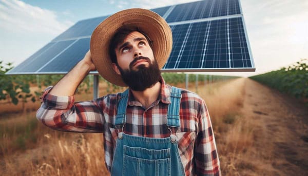 A farmer standing in a field, looking up at a solar panel with a mix of curiosity and skepticism.