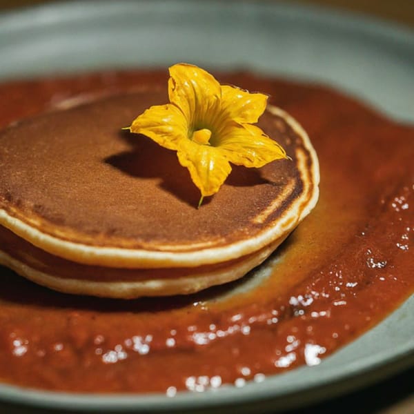 Golden-brown pancakes topped with a vibrant tomato-chili sauce, with a single pumpkin flower on top.