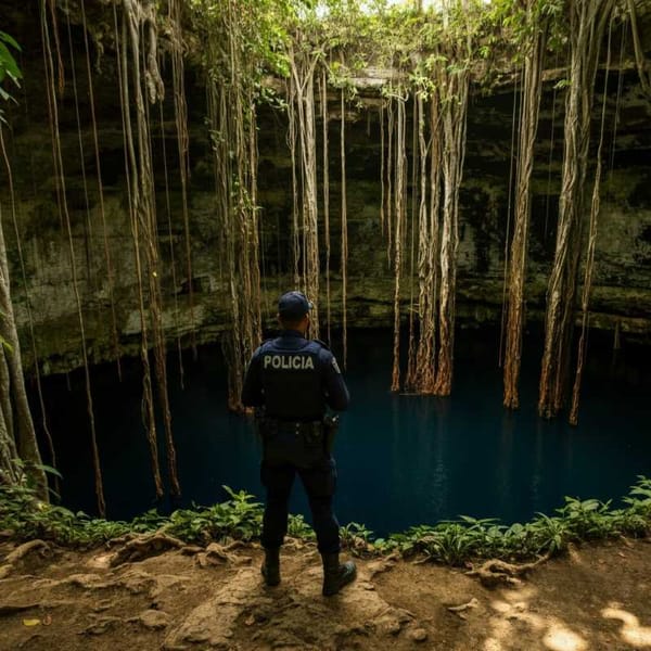 A police officer at a crime scene surrounding a cenote in Cancun.