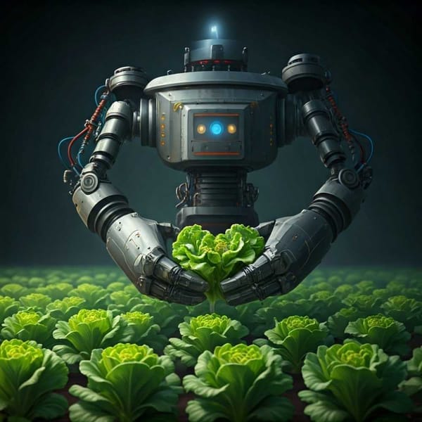 A robot farmer harvesting lettuce with comically oversized mechanical hands.